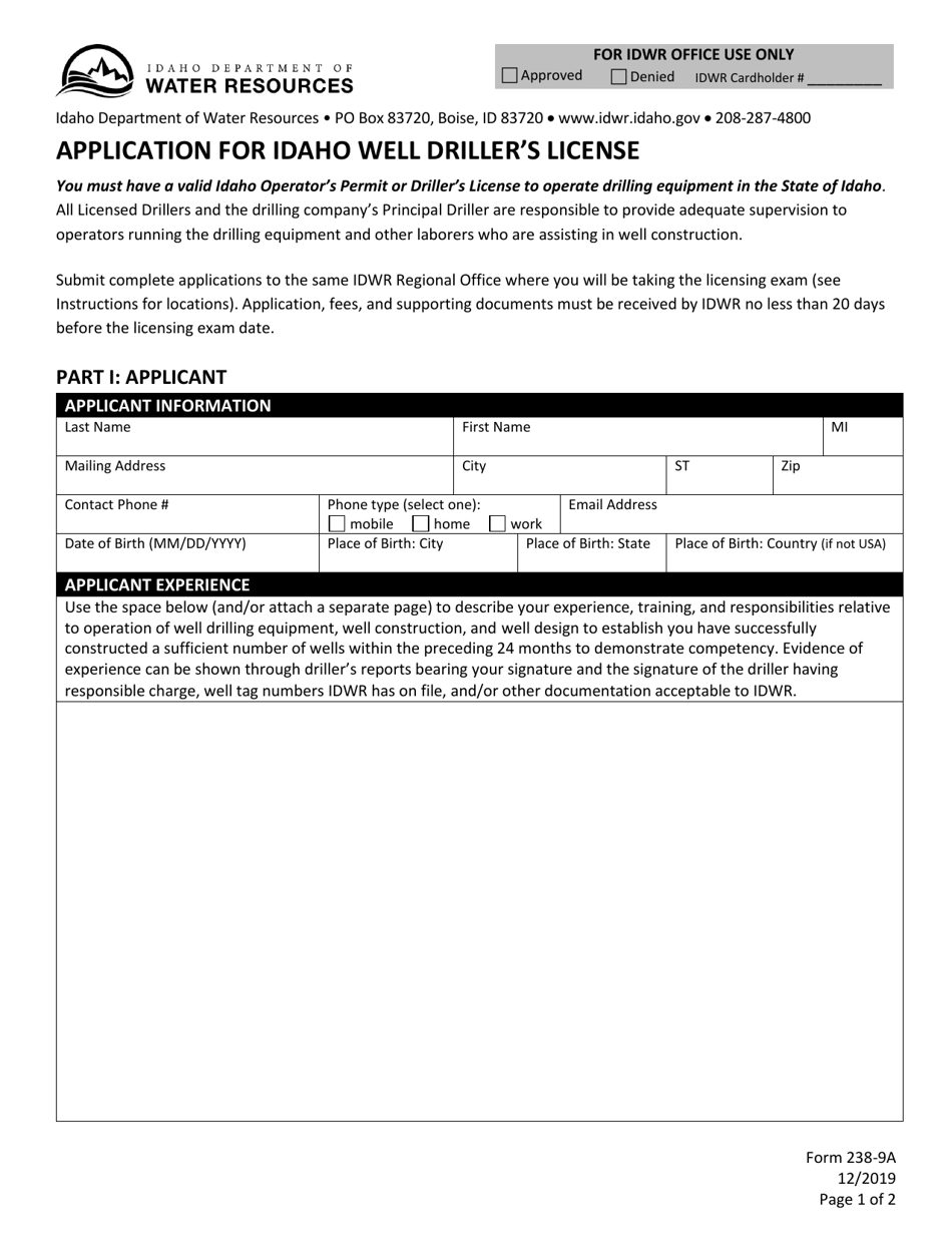 Form 238-9A Application for Idaho Well Drillers License - Idaho, Page 2