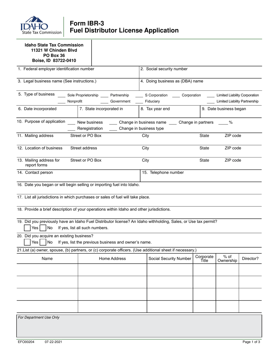 Form IBR-3 Fuel Distributor License Application - Idaho, Page 1