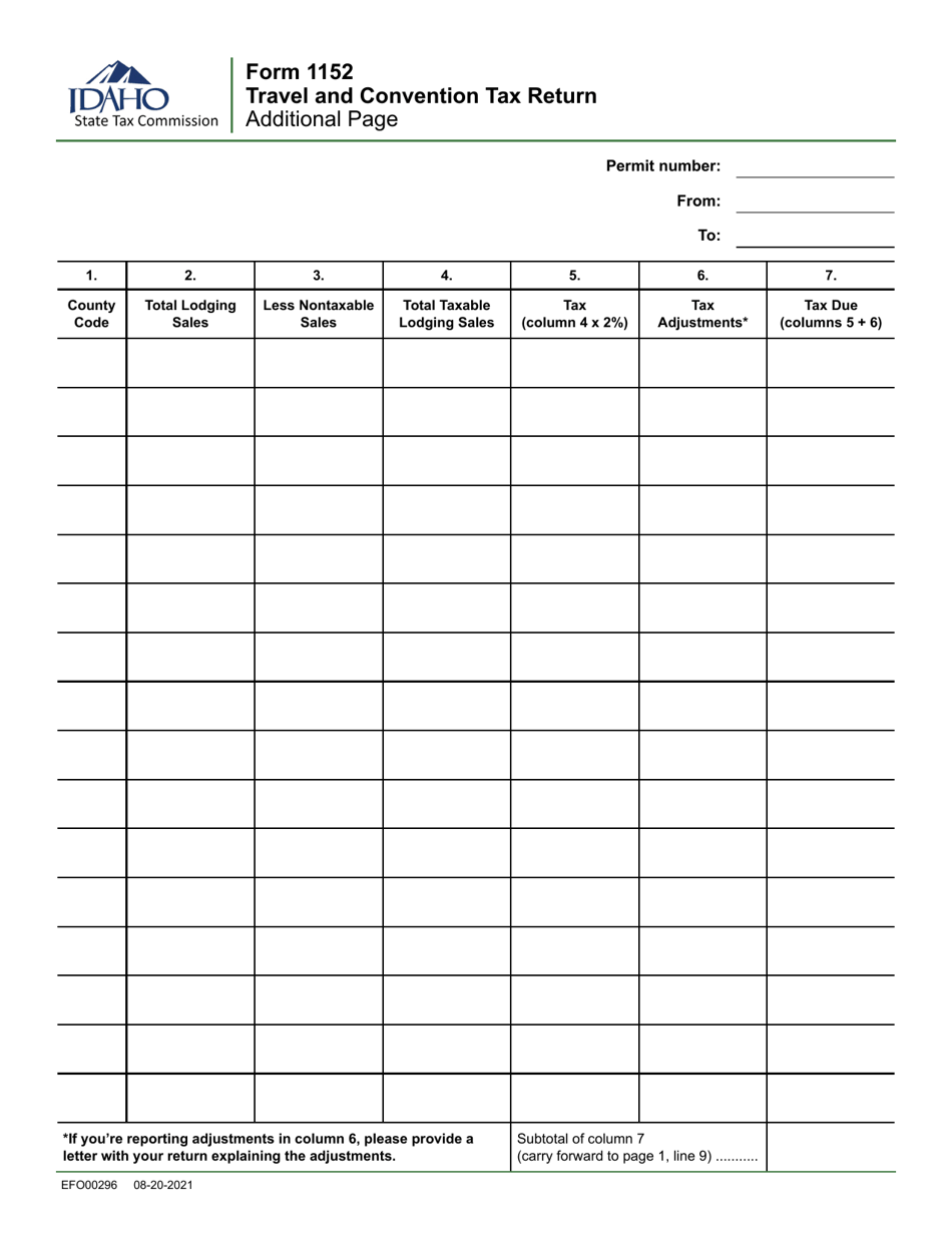 Form 1152 Travel and Convention Tax Return - Additional Page - Idaho, Page 1