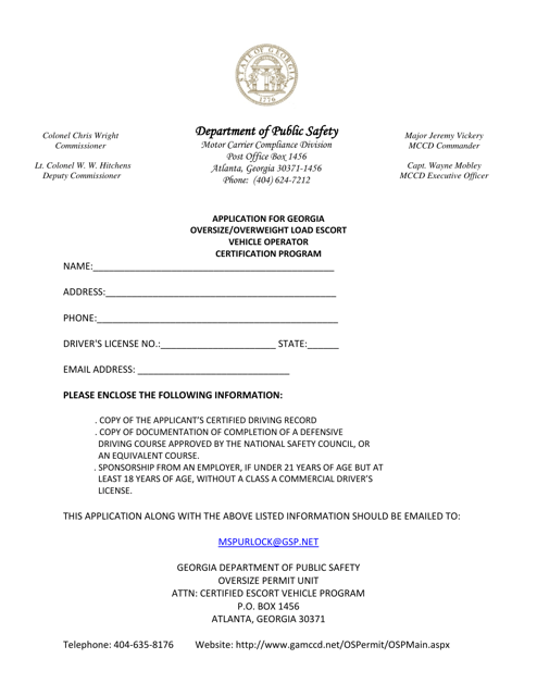Application for Georgia Oversize / Overweight Load Escort Vehicle Operator Certification Program - Georgia (United States) Download Pdf