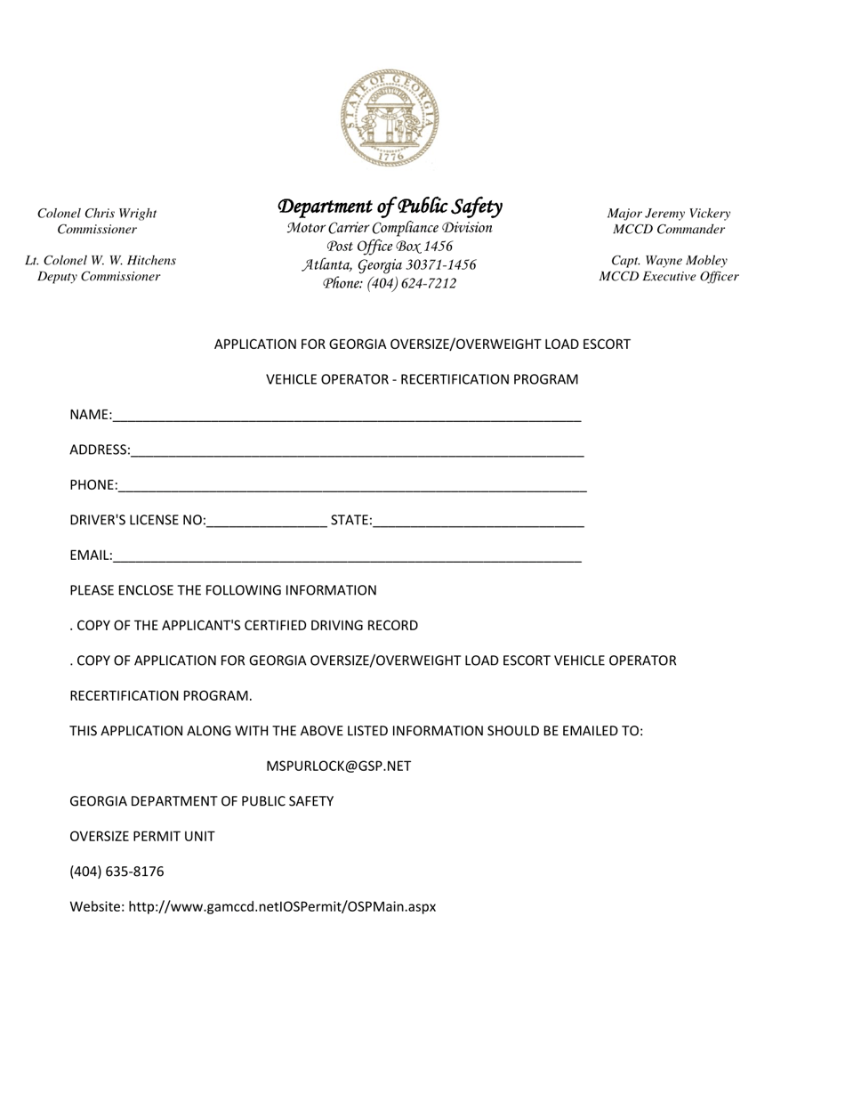Application for Georgia Oversize / Overweight Load Escort Vehicle Operator - Recertification Program - Georgia (United States), Page 1