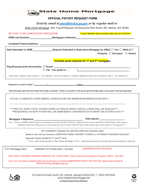 Official Payoff Request Form - Georgia (United States) Download Pdf