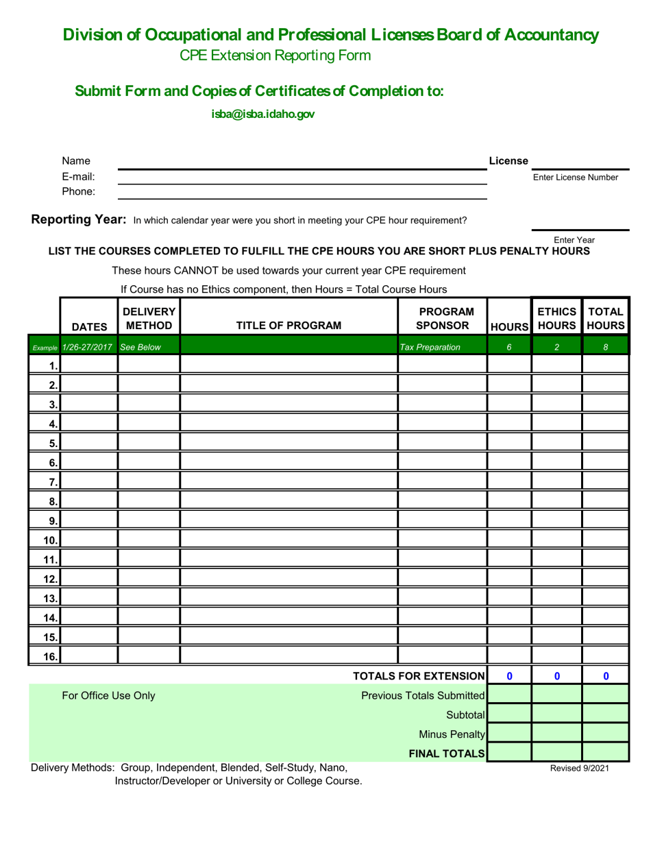 Idaho Cpe Extension Reporting Form Download Printable PDF Templateroller
