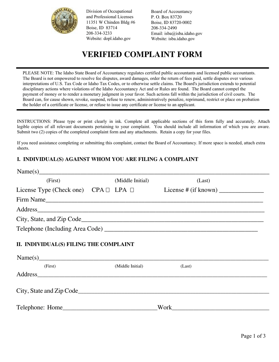 Verified Complaint Form - Idaho, Page 1