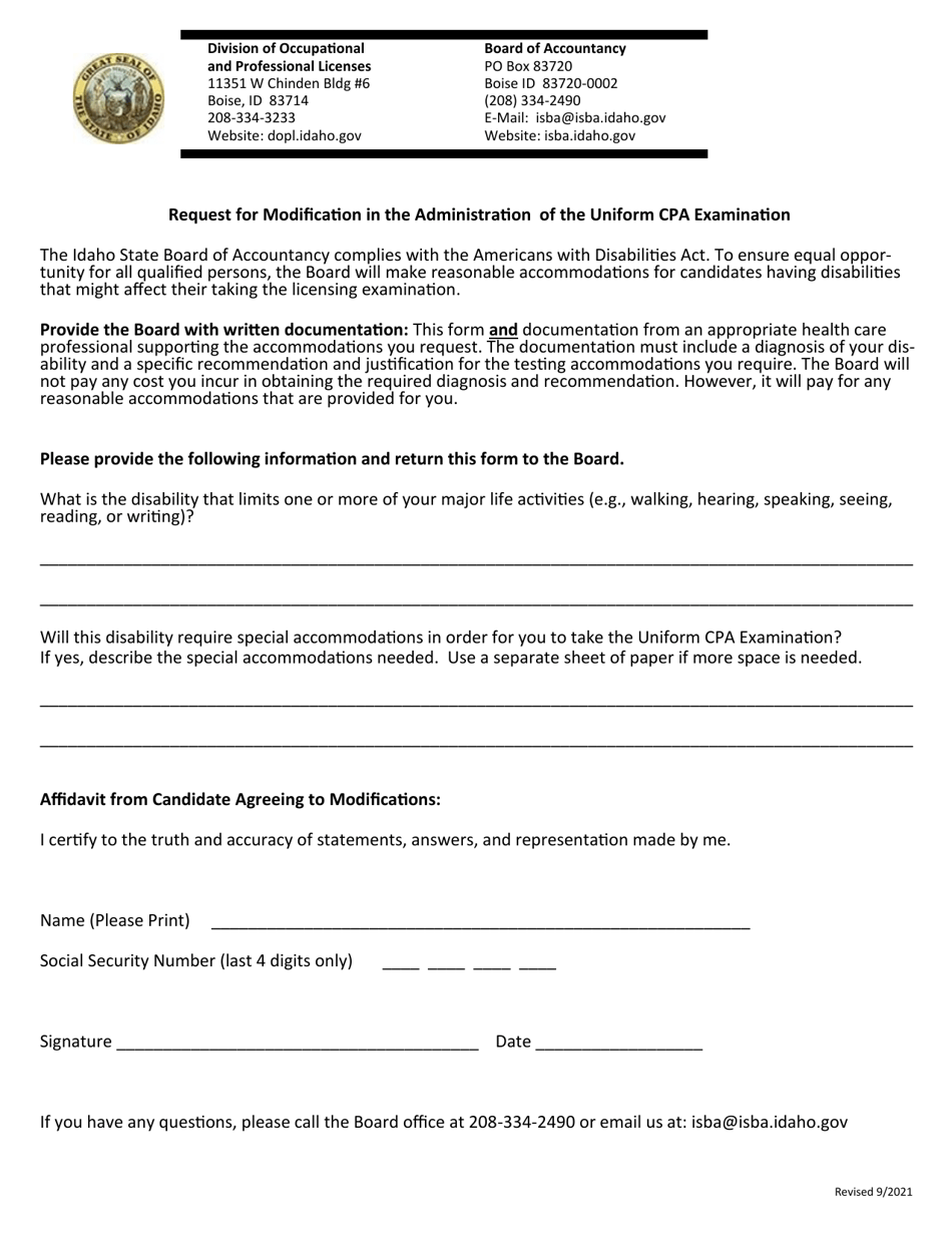 Request for Modification in the Administration of the Uniform CPA Examination - Idaho, Page 1