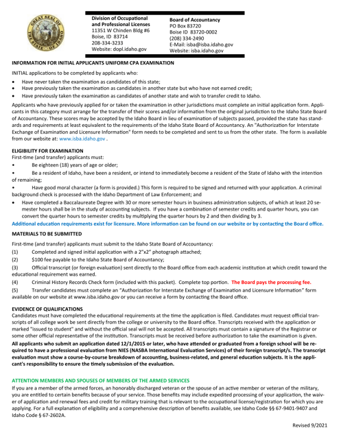 Initial Application for Uniform CPA Examination - Idaho Download Pdf