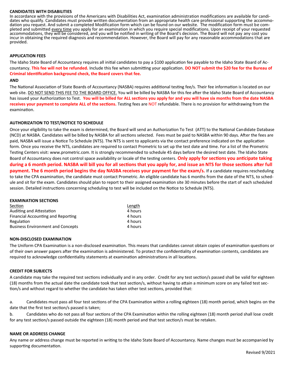 Initial Application for Uniform CPA Examination - Idaho, Page 2