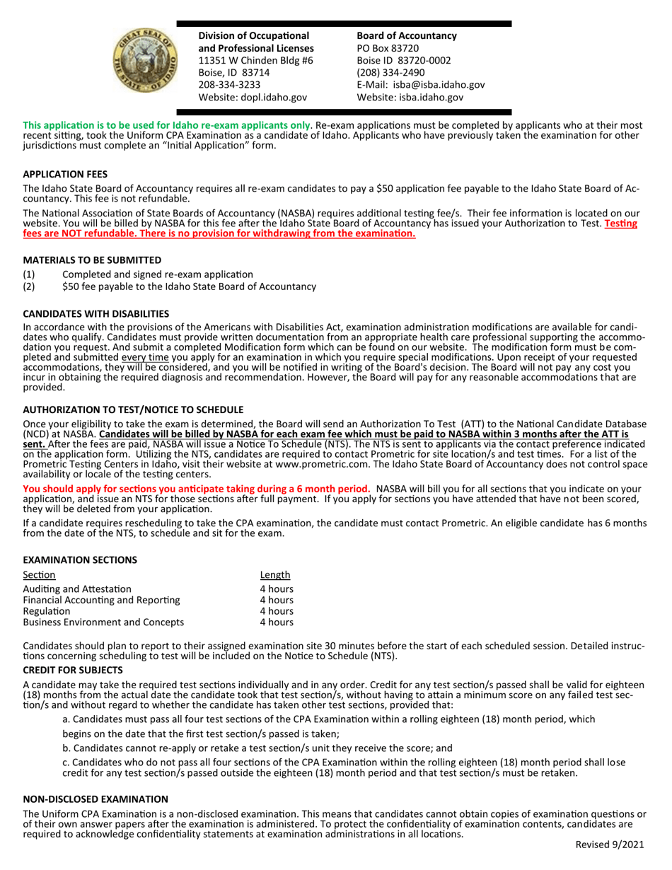 Application for Re-exam - Idaho, Page 1