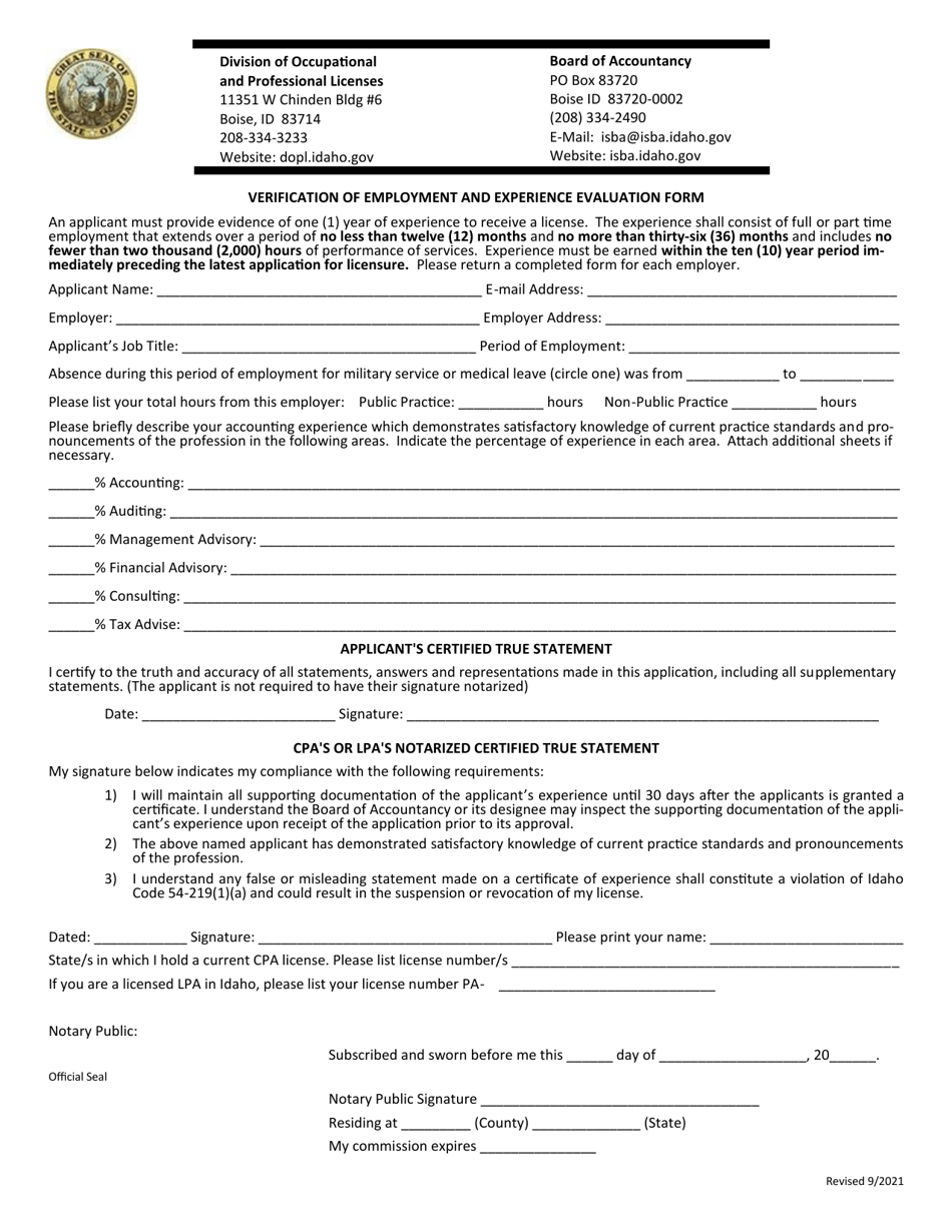 Verification of Employment and Experience Evaluation Form - Idaho, Page 1