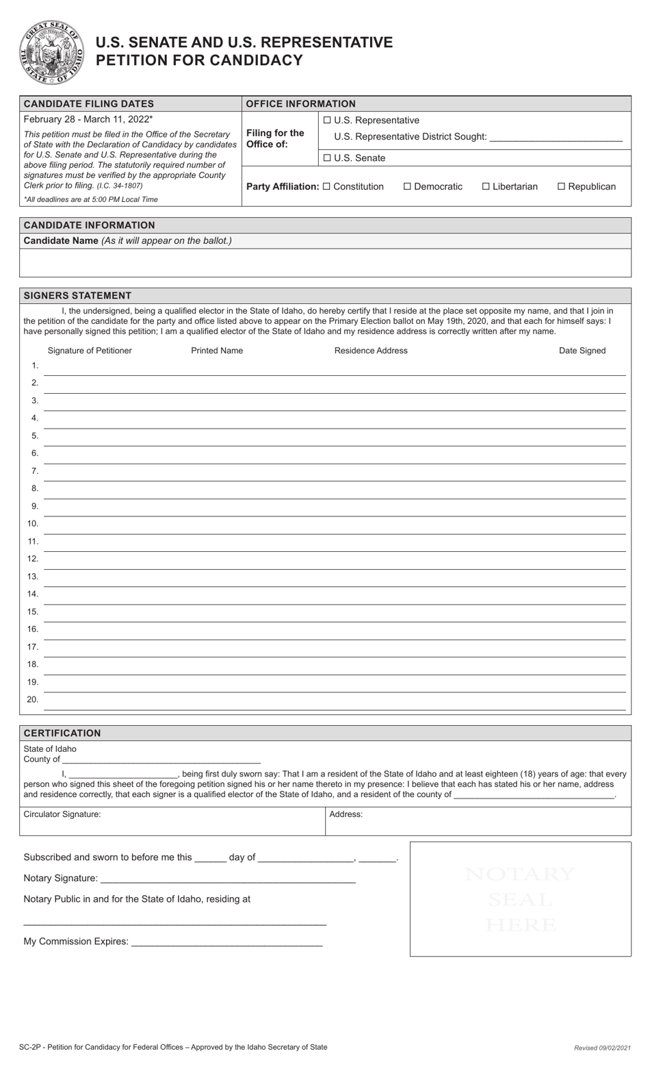 Form SC-2P U.S. Senate and U.S. Representative Petition for Candidacy - Idaho, Page 3