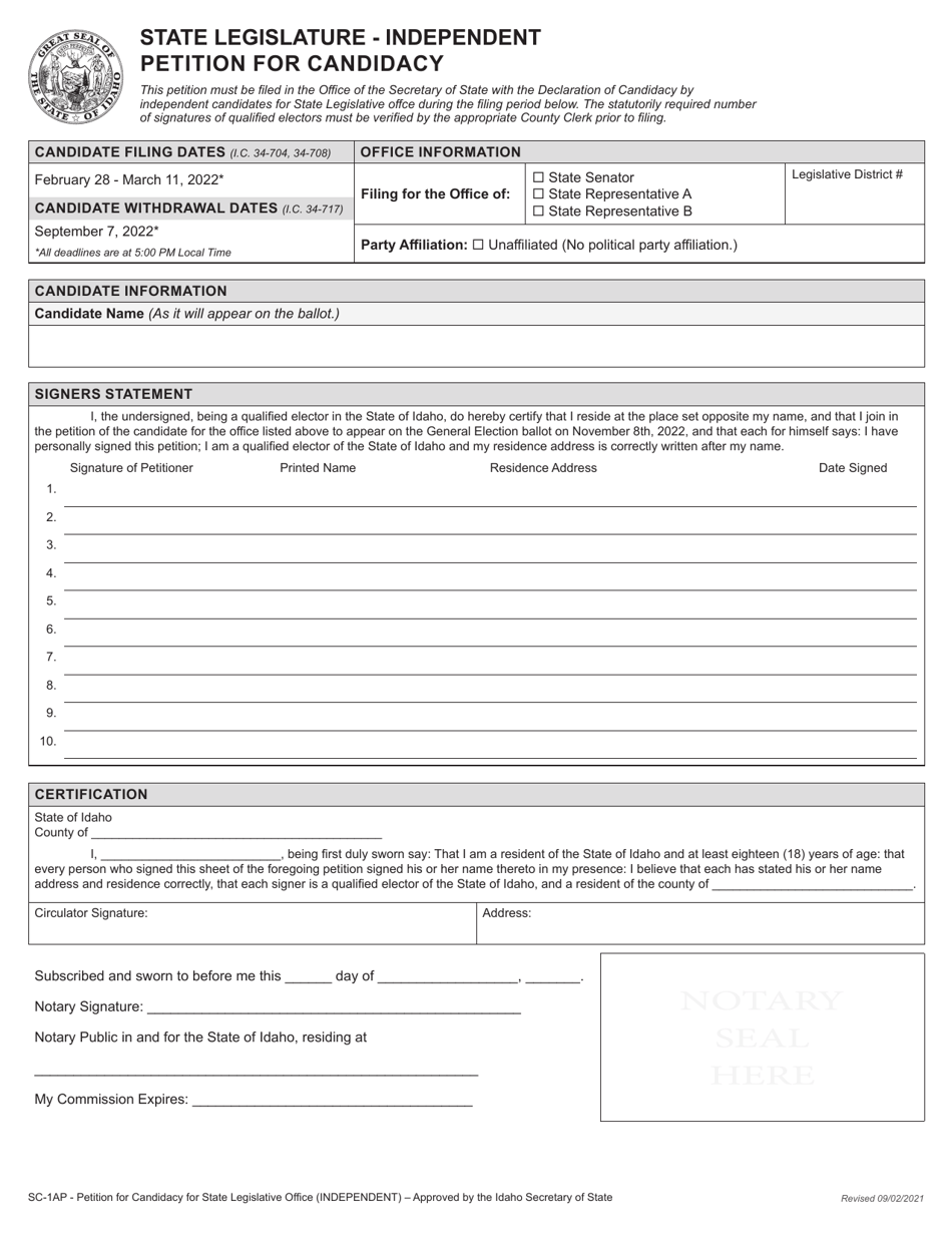 Form SC-1AP State Legislature - Independent Petition for Candidacy - Idaho, Page 2