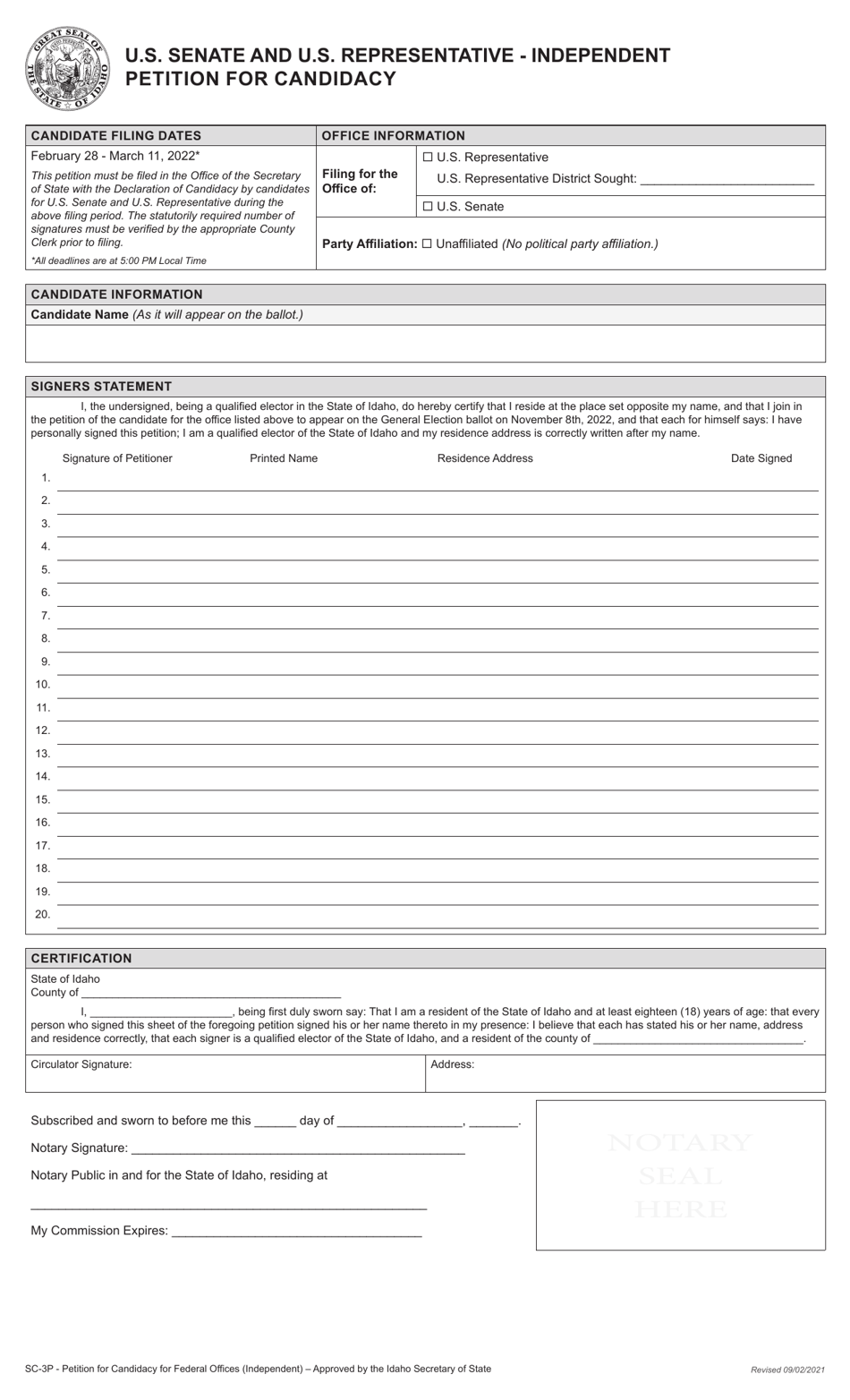 Form SC-3P U.S. Senate and U.S. Representative - Independent Petition for Candidacy - Idaho, Page 3