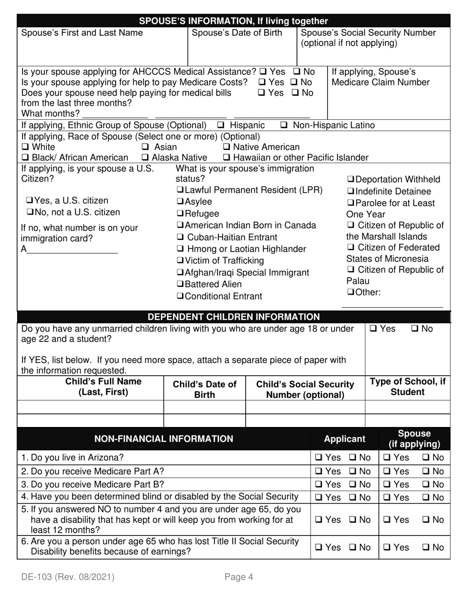 Form DE-103 Application for Ahcccs Health Insurance and Medicare Savings Programs - Arizona, Page 12