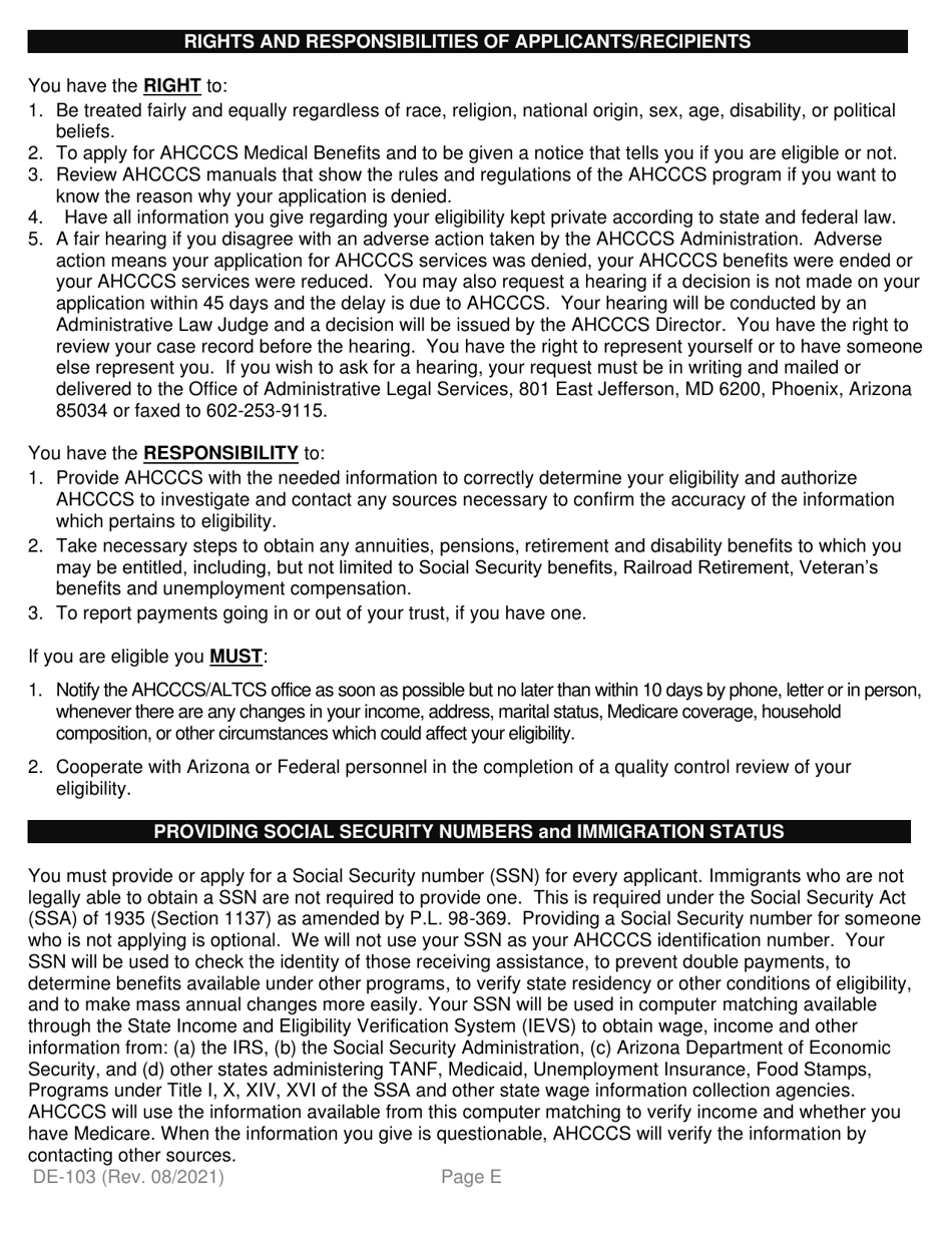 Form DE-103 Application for Ahcccs Health Insurance and Medicare Savings Programs - Arizona, Page 5