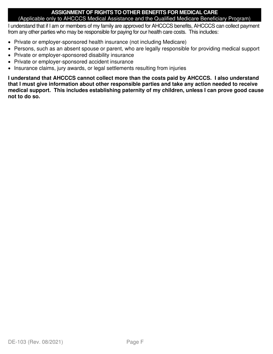 Form DE-103 Application for Ahcccs Health Insurance and Medicare Savings Programs - Arizona, Page 6