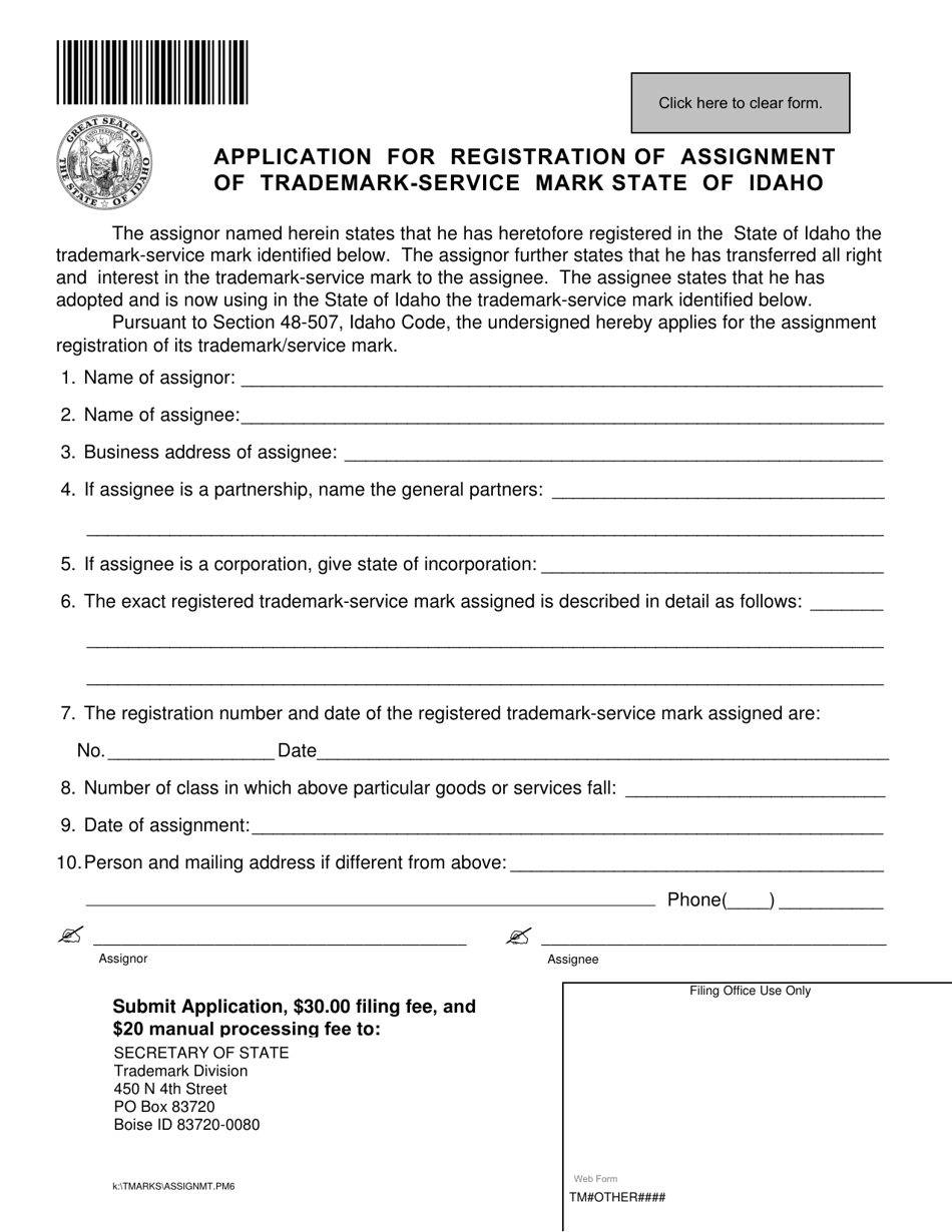 Application for Registration of Assignment of Trademark-Service Mark State of Idaho - Idaho, Page 1