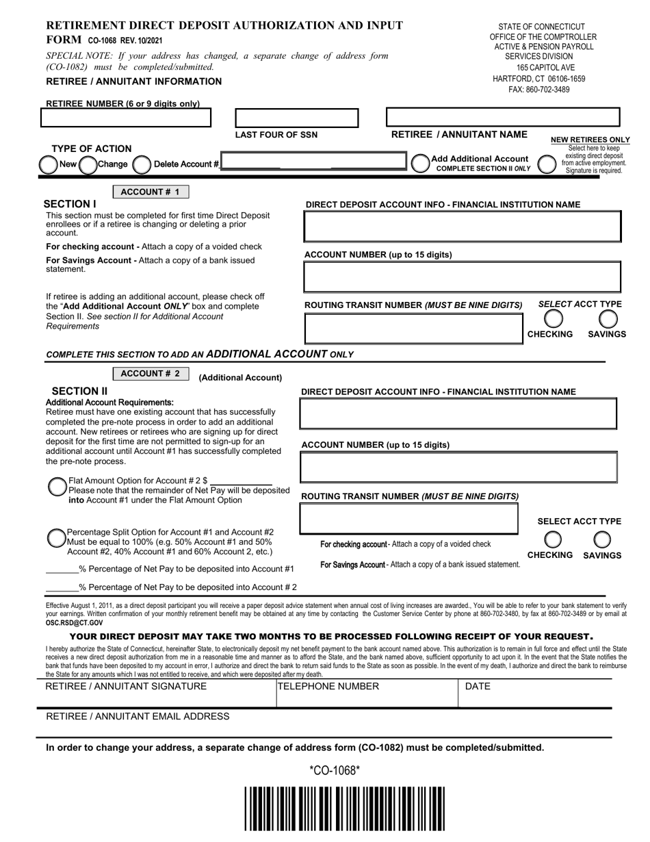 Form CO-1068 Retirement Direct Deposit Authorization and Input Form - Connecticut, Page 1