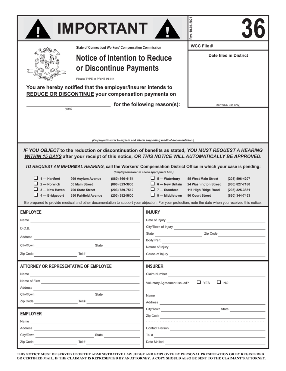 Form 36 Notice of Intention to Reduce or Discontinue Payments - Connecticut, Page 1