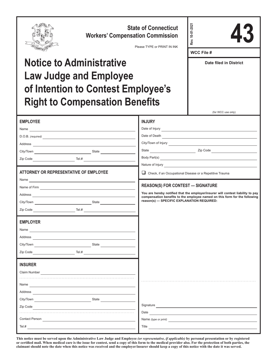 Form 43 Notice to Administrative Law Judge and Employee of Intention to Contest Employees Right to Compensation Benefits - Connecticut, Page 1