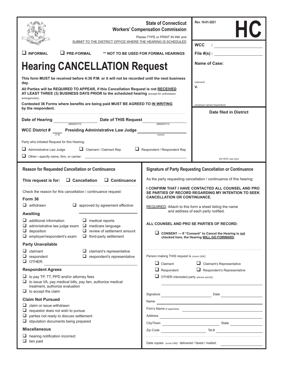 Hearing Cancellation Request - Connecticut, Page 1