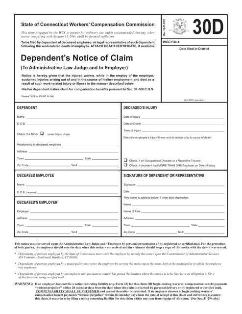 Form 30D Dependent's Notice of Claim (To Administrative Law Judge and to Employer) - Connecticut