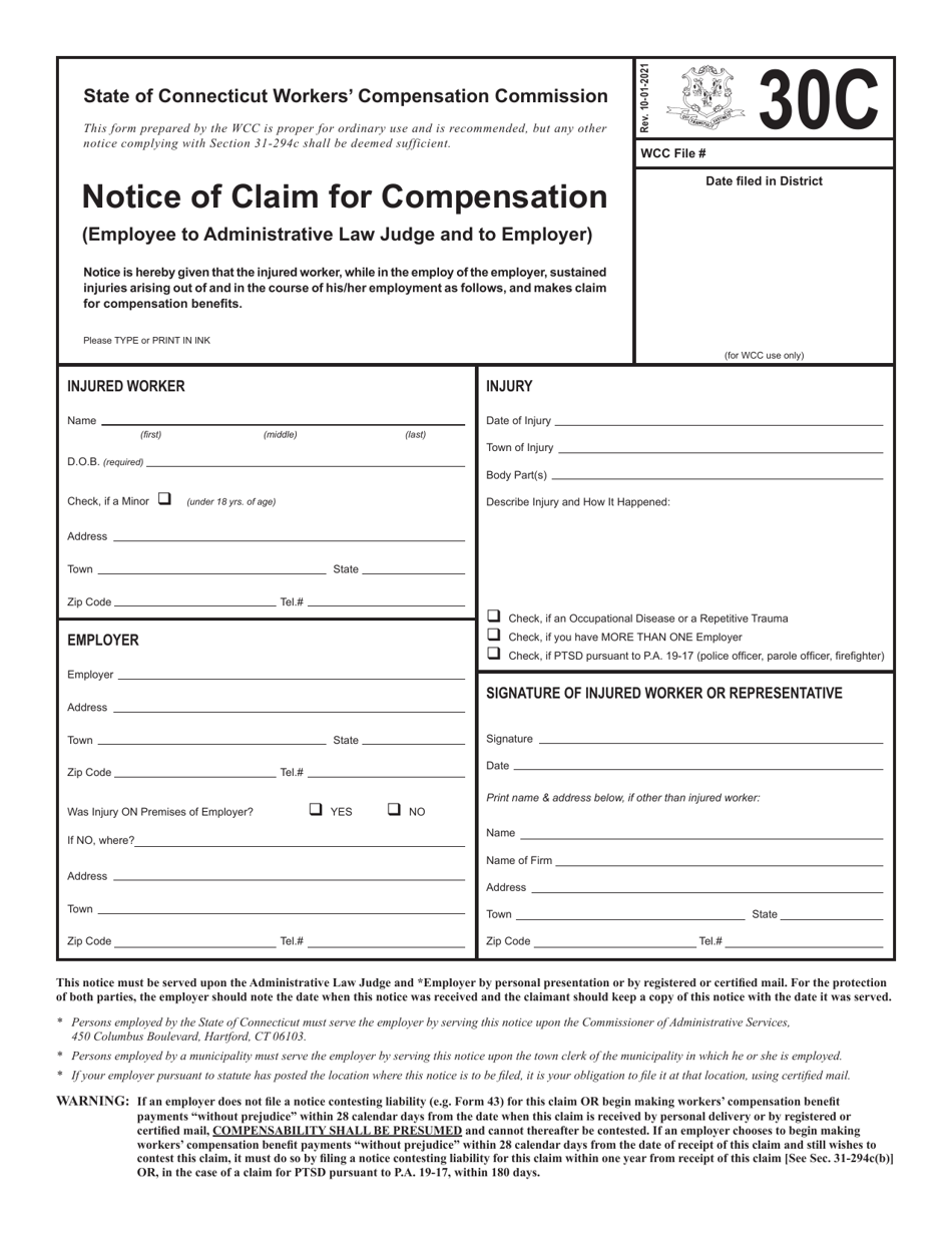 Form 30C Notice of Claim for Compensation (Employee to Administrative Law Judge and to Employer) - Connecticut, Page 1