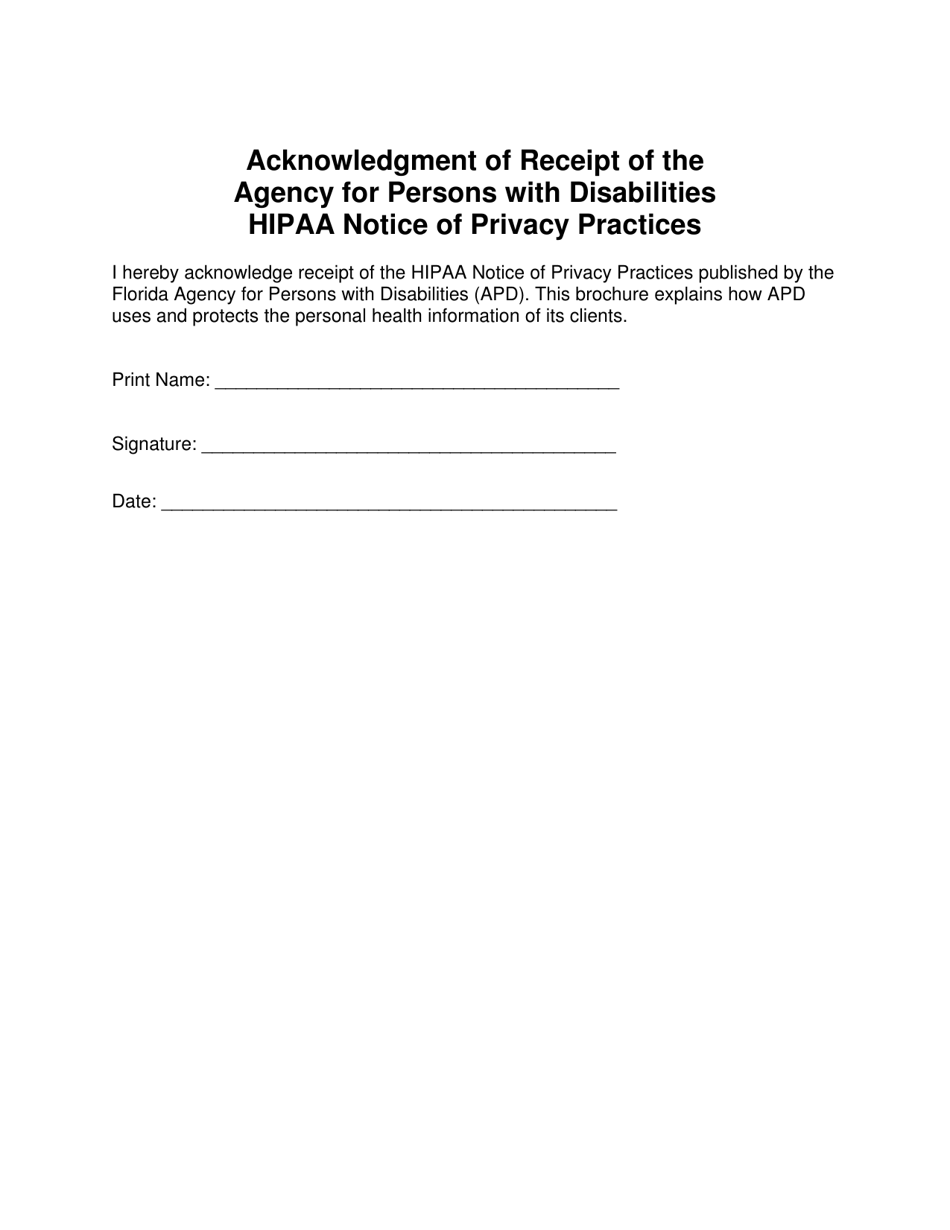 Acknowledgment of Receipt of the Agency for Persons With Disabilities HIPAA Notice of Privacy Practices - Florida, Page 1