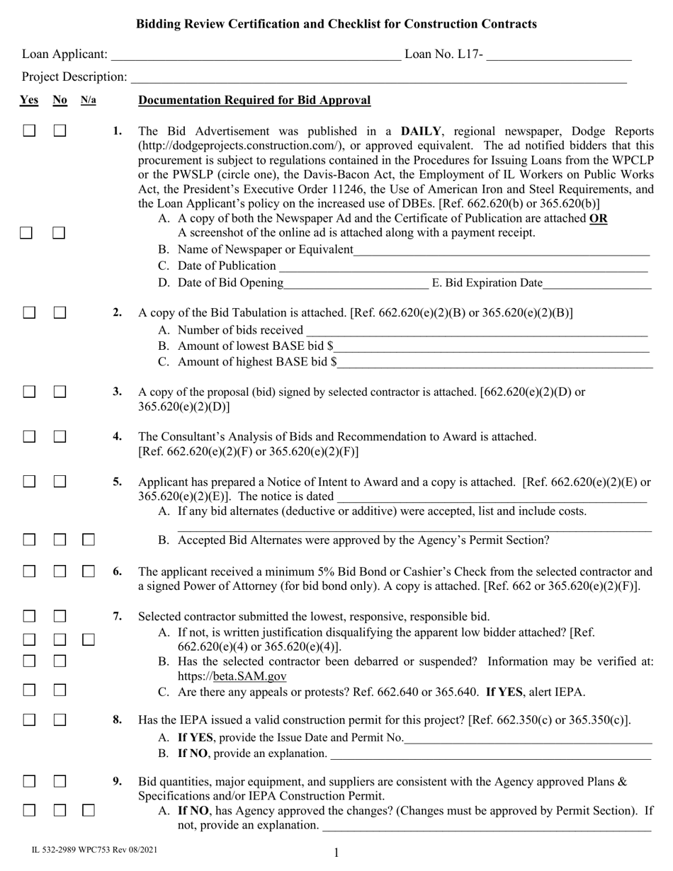 Form IL532-2989 (WPC753) Bidding Review Certification and Checklist for Construction Contracts - Illinois, Page 1