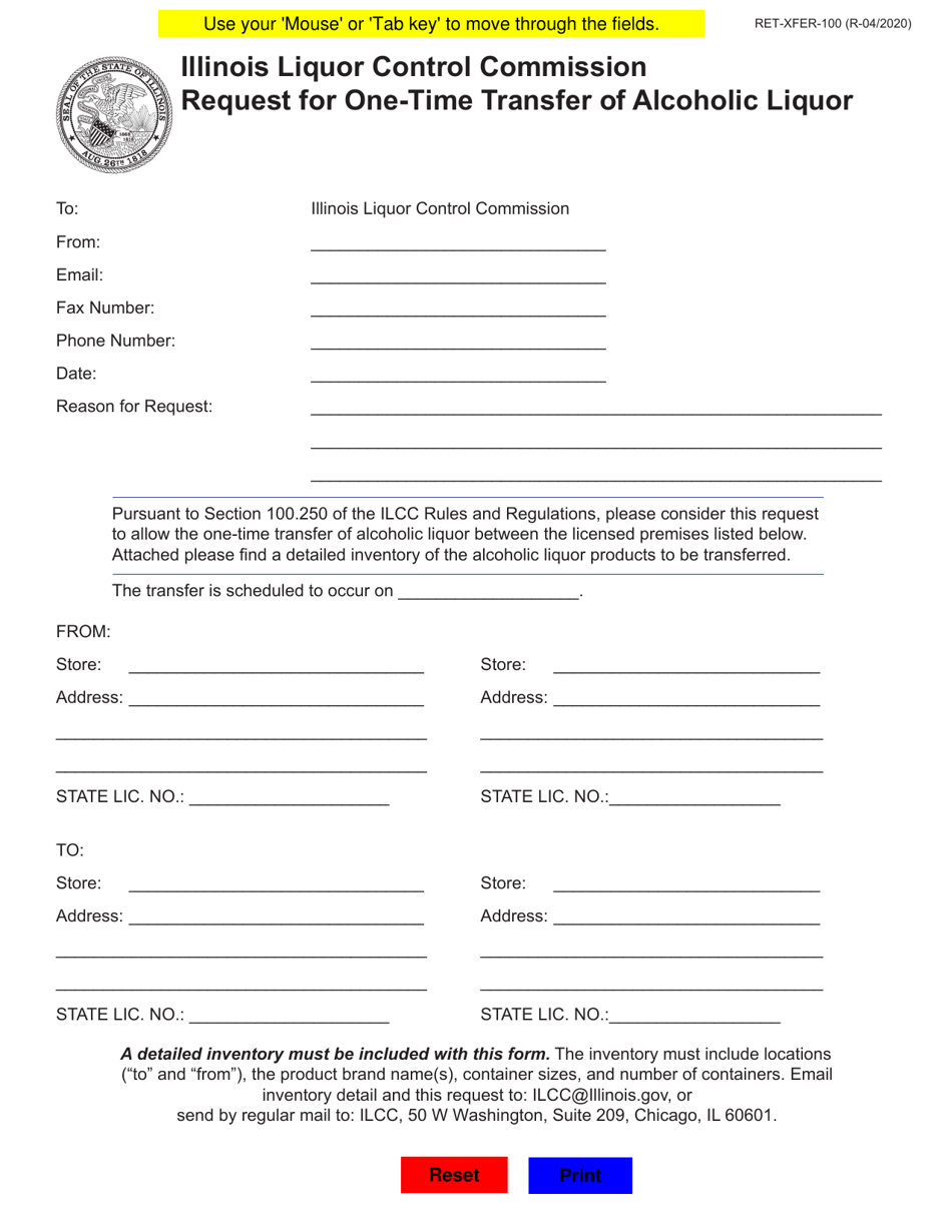 Form RET-XFER-100 Request for One-Time Transfer of Alcoholic Liquor - Illinois, Page 1