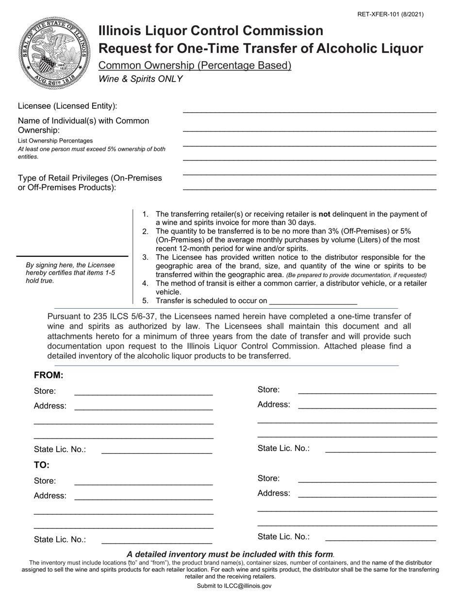 Form RET-XFER-101 Request for One-Time Transfer of Alcoholic Liquor - Common Ownership (Percentage Based) - Illinois, Page 1