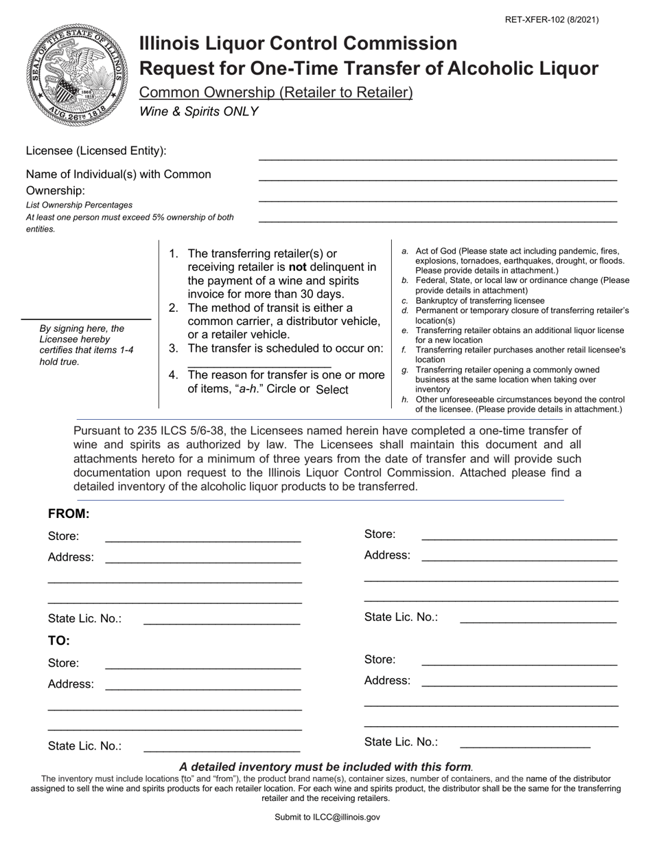 Form RET-XFER-102 Request for One-Time Transfer of Alcoholic Liquor - Common Ownership (Retailer to Retailer) - Illinois, Page 1