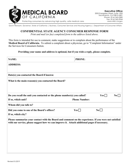 Confidential State Agency Consumer Response Form - California