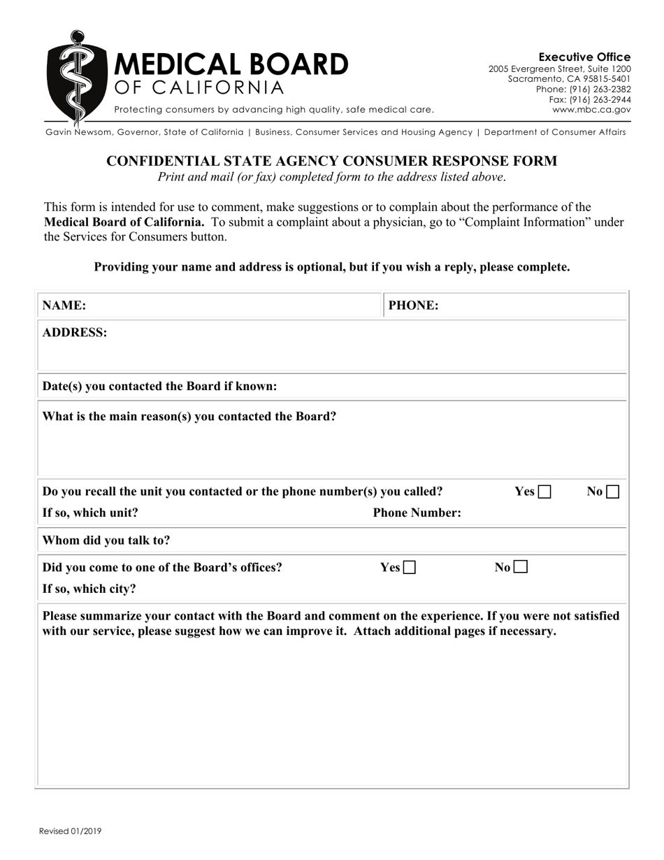 California Confidential State Agency Consumer Response Form Fill Out