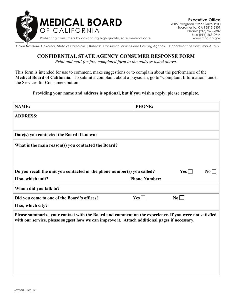Confidential State Agency Consumer Response Form - California, Page 1
