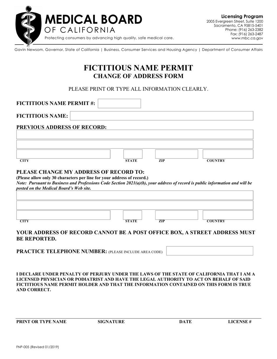 Form FNP-005 Fictitious Name Permit Change of Address Form - California, Page 1