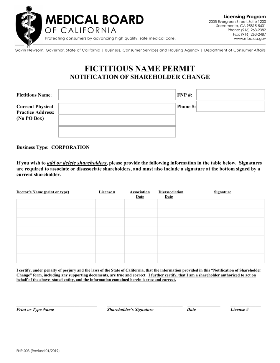 Form FNP-003 Fictitious Name Permit Notification of Shareholder Change - California, Page 1