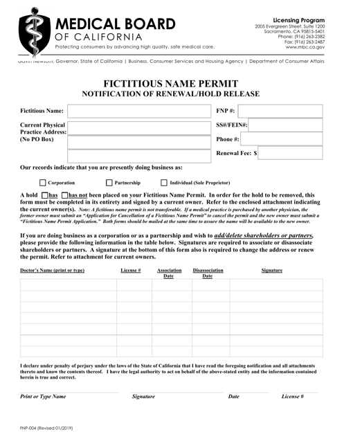 Form FNP-004 Fictitious Name Permit Notification of Renewal/Hold Release - California