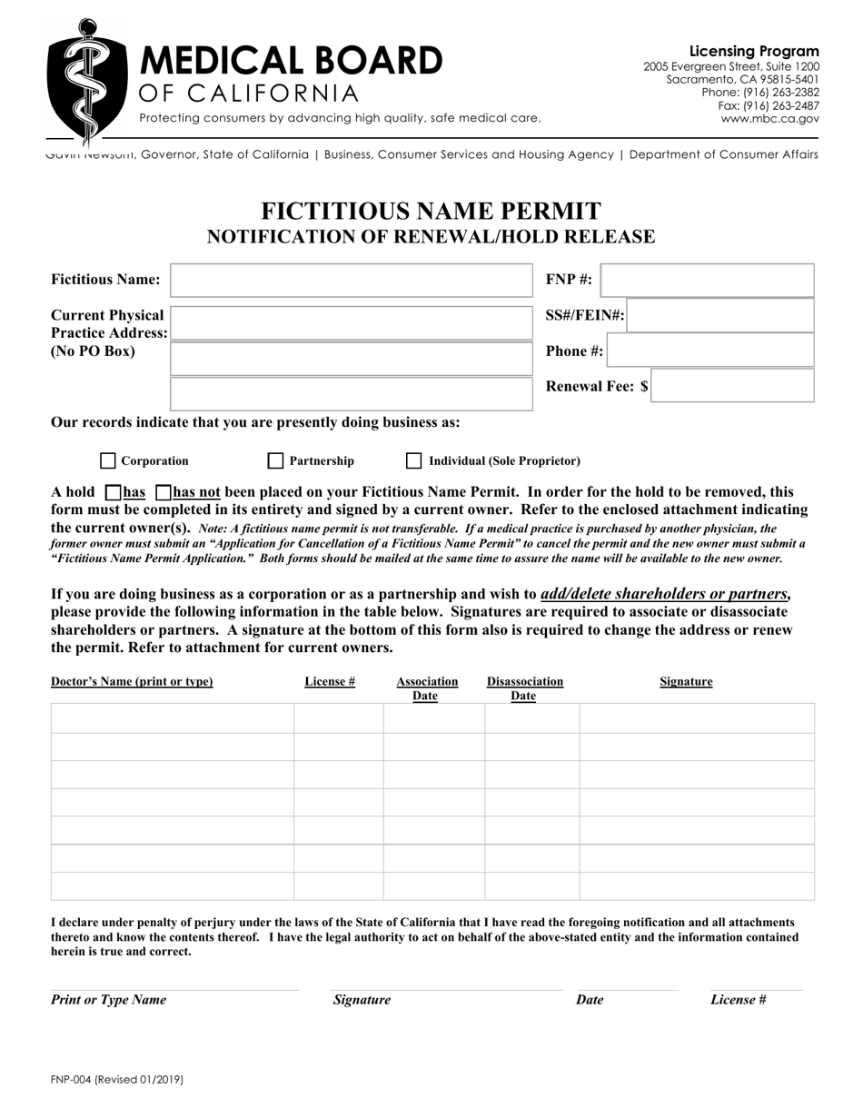 Form FNP-004 Fictitious Name Permit Notification of Renewal / Hold Release - California, Page 1