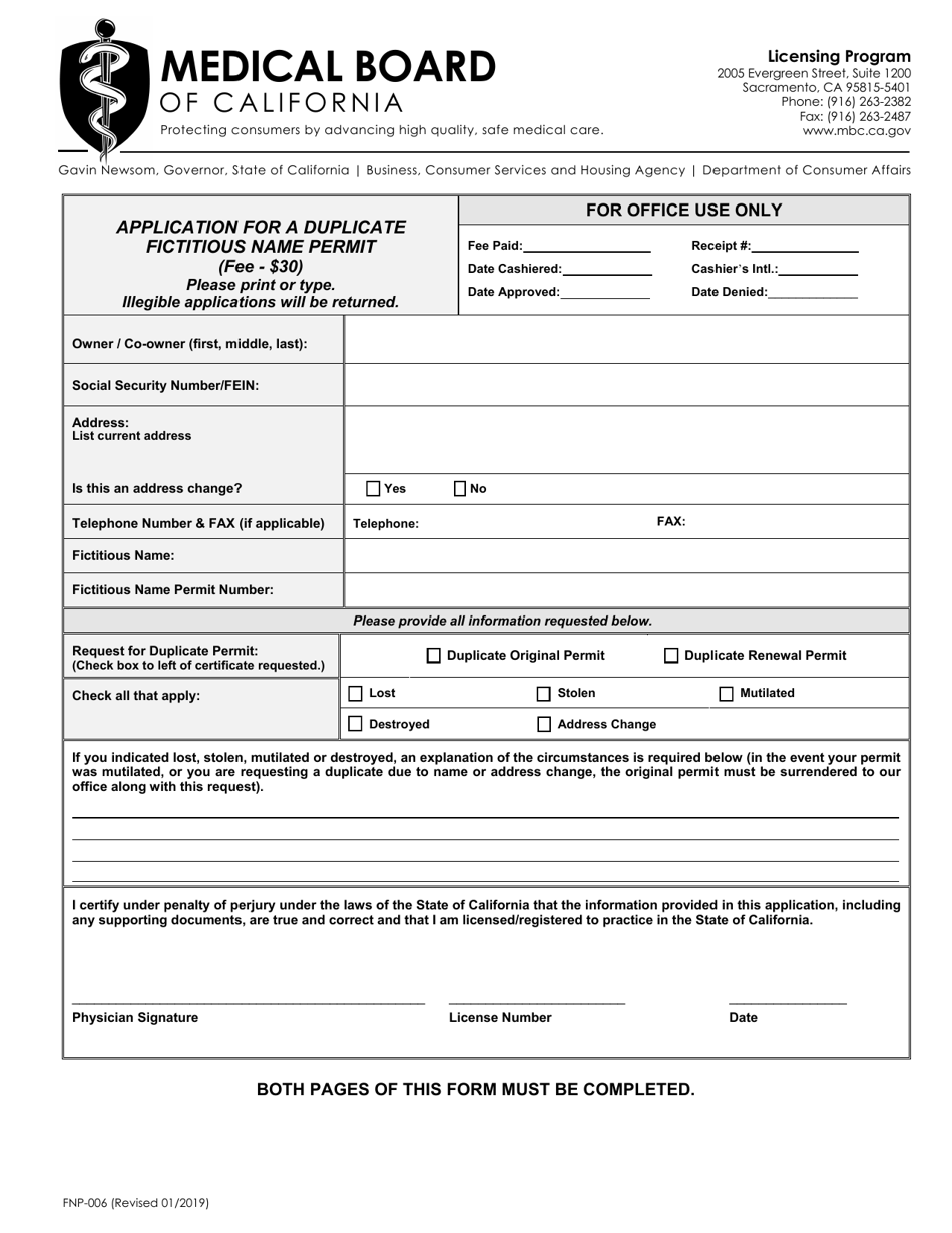 Form FNP-006 Application for a Duplicate Fictitious Name Permit - California, Page 1