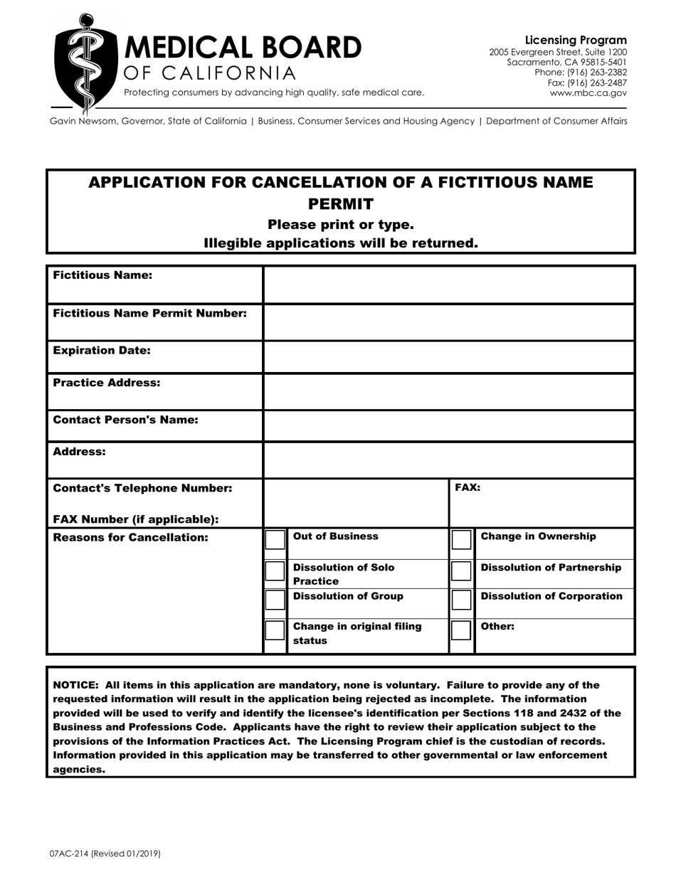 Form 07AC-214 Application for Cancellation of a Fictitious Name Permit - California, Page 1