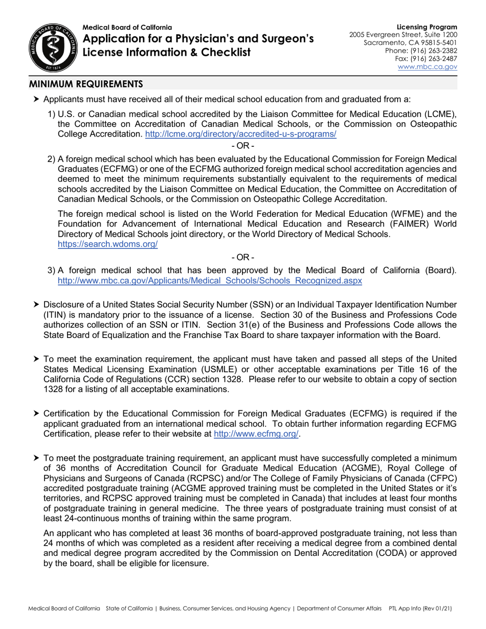 California Application for a Physician's and Surgeon's License