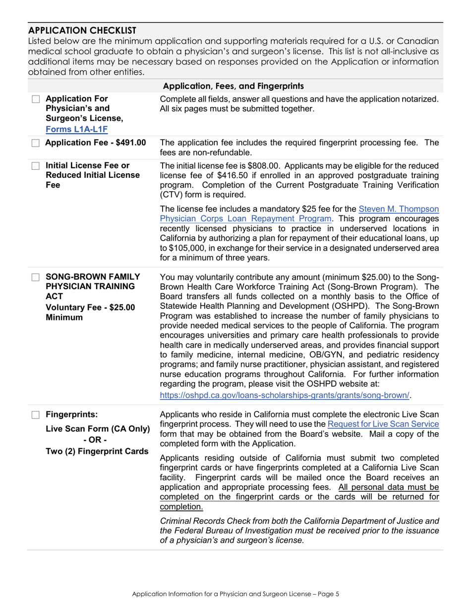 Application for a Physicians and Surgeons License Checklist - California, Page 5