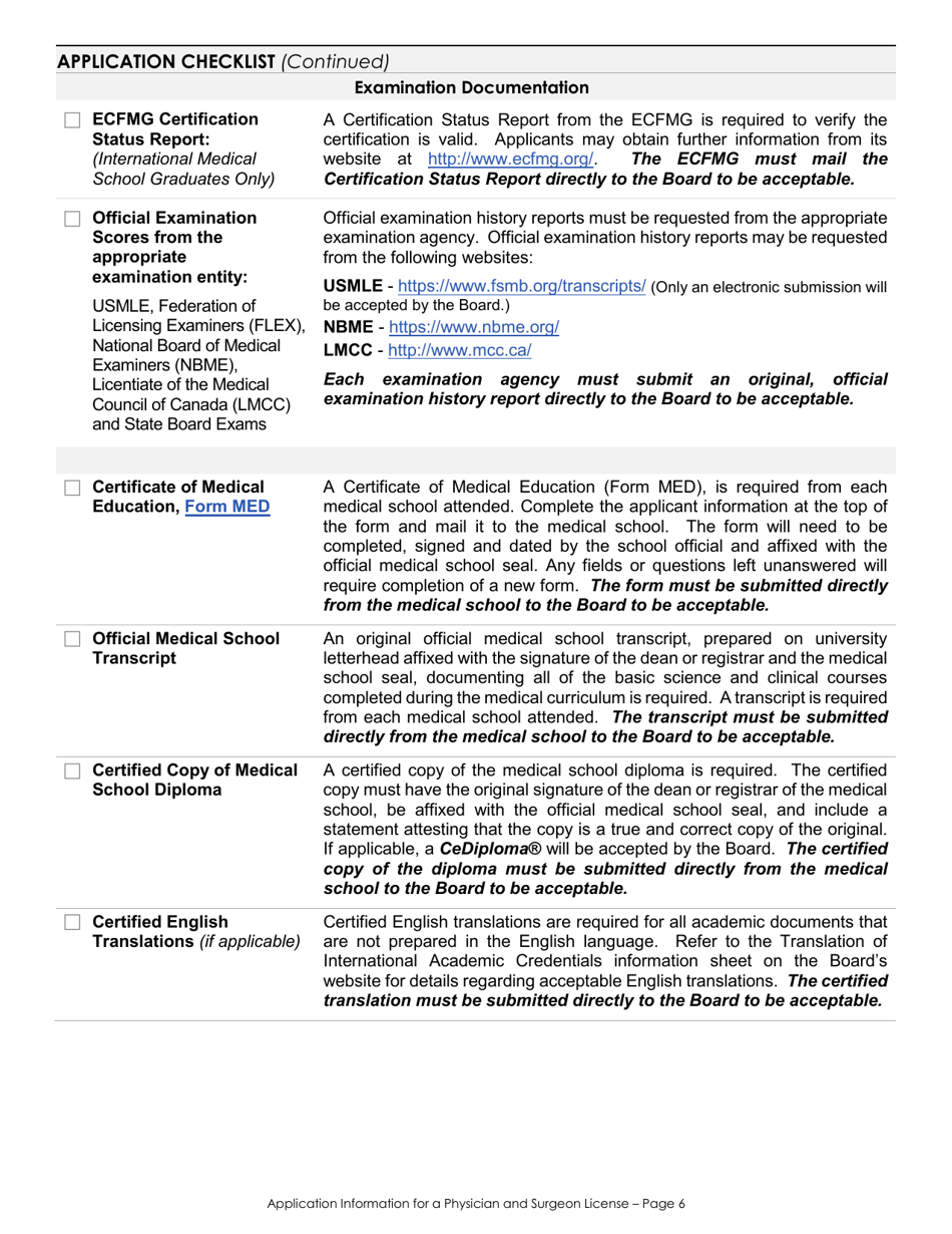 Application for a Physicians and Surgeons License Checklist - California, Page 6