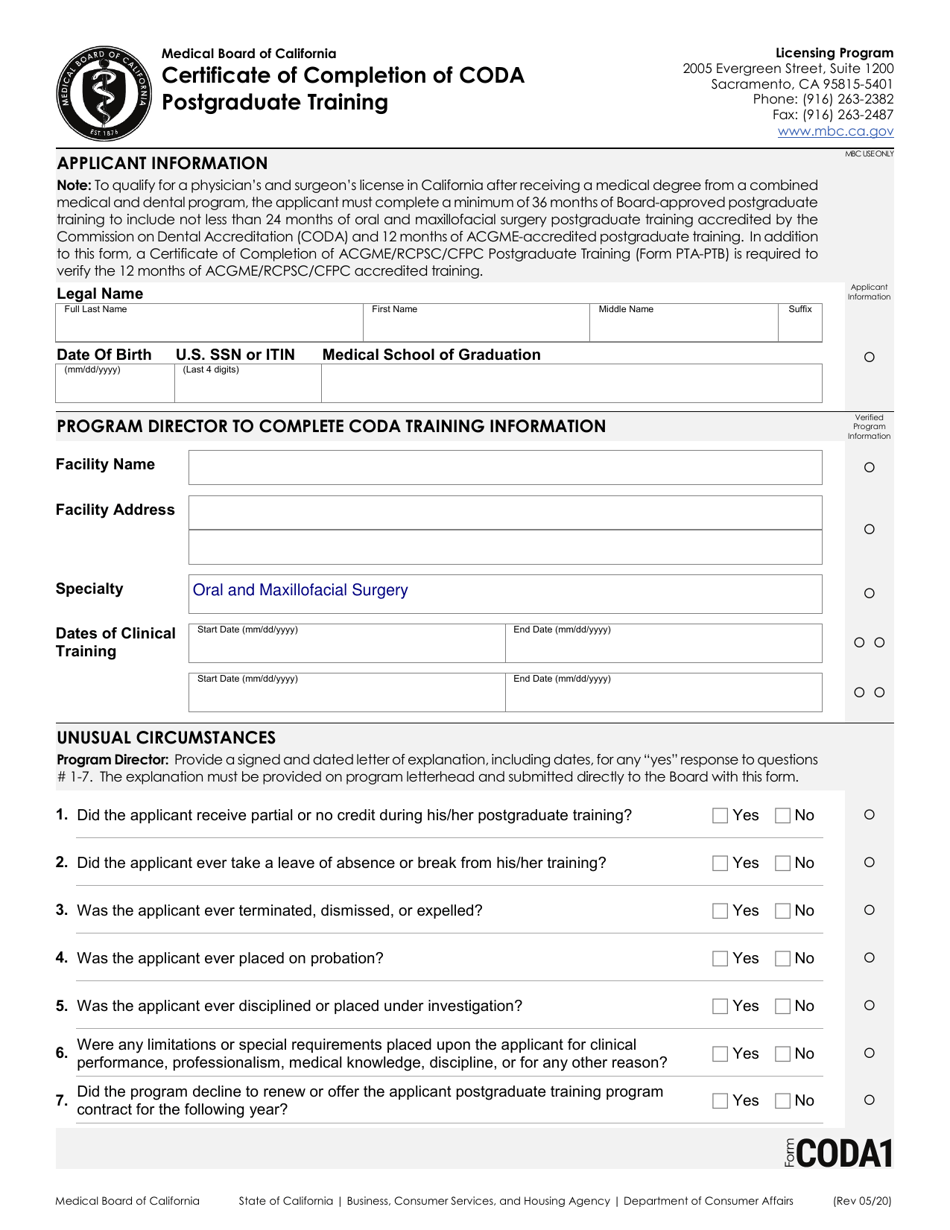 Form CODA Certificate of Completion of Coda Postgraduate Training - California, Page 1