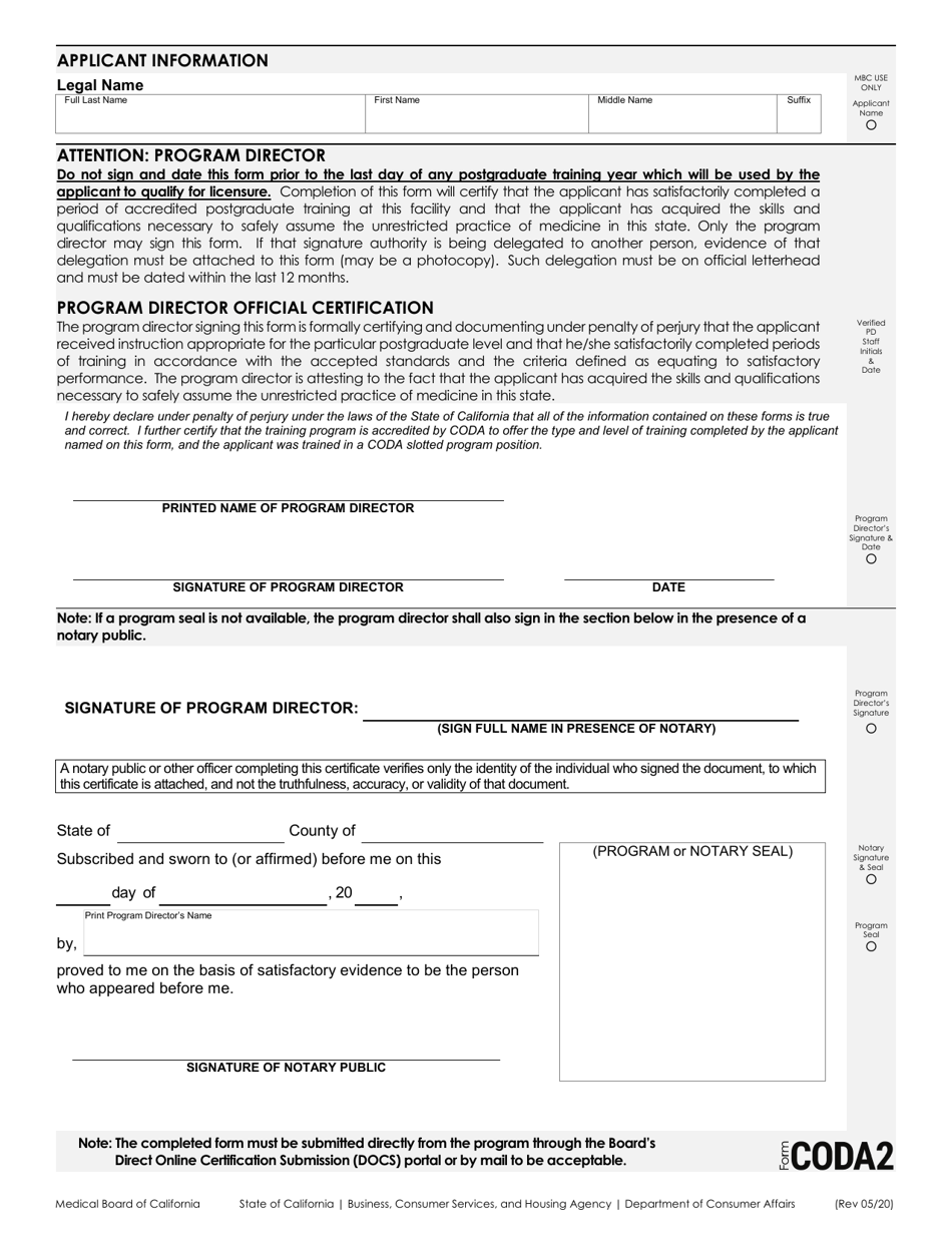 Form CODA Certificate of Completion of Coda Postgraduate Training - California, Page 2