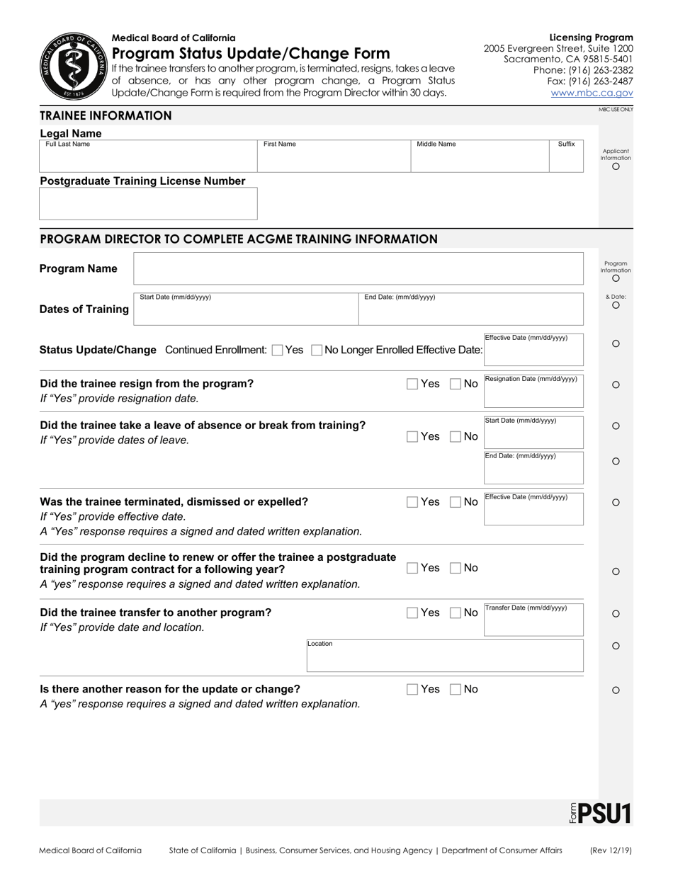 Form PSU Program Status Update / Change Form - California, Page 1