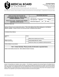 Document preview: Form CME-1W Application for Waiver of Continuing Medical Education During Renewal Cycle - California