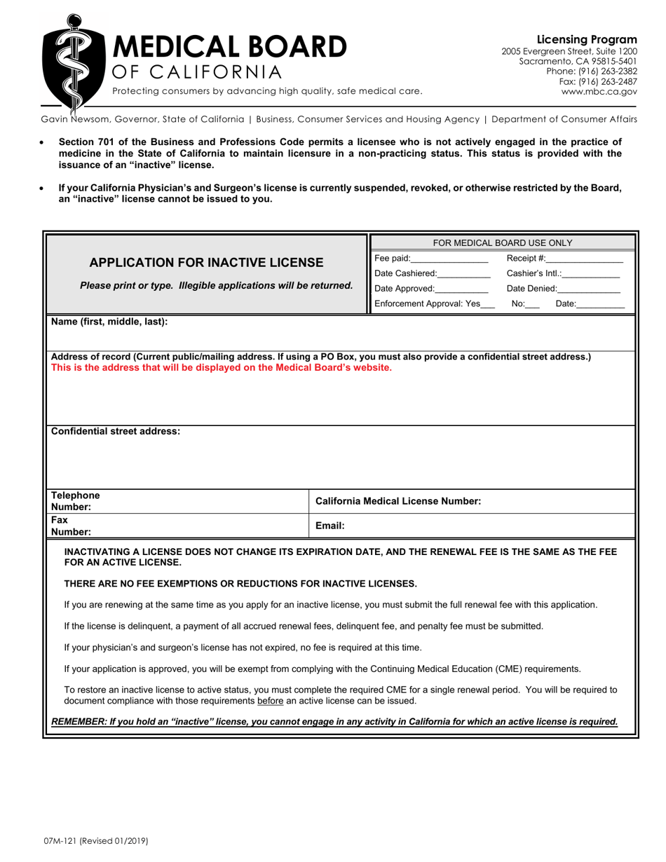 Form 07M-121 Application for Inactive License - California, Page 1