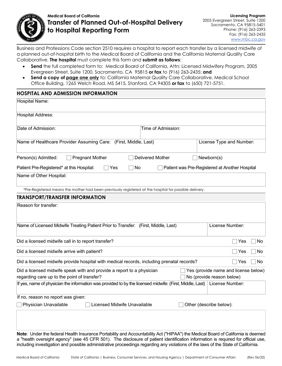 Transfer of Planned out-Of-Hospital Delivery to Hospital Reporting Form - California, Page 1