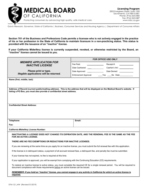 Form 07M-121_MW Midwife Application for Inactive License - California